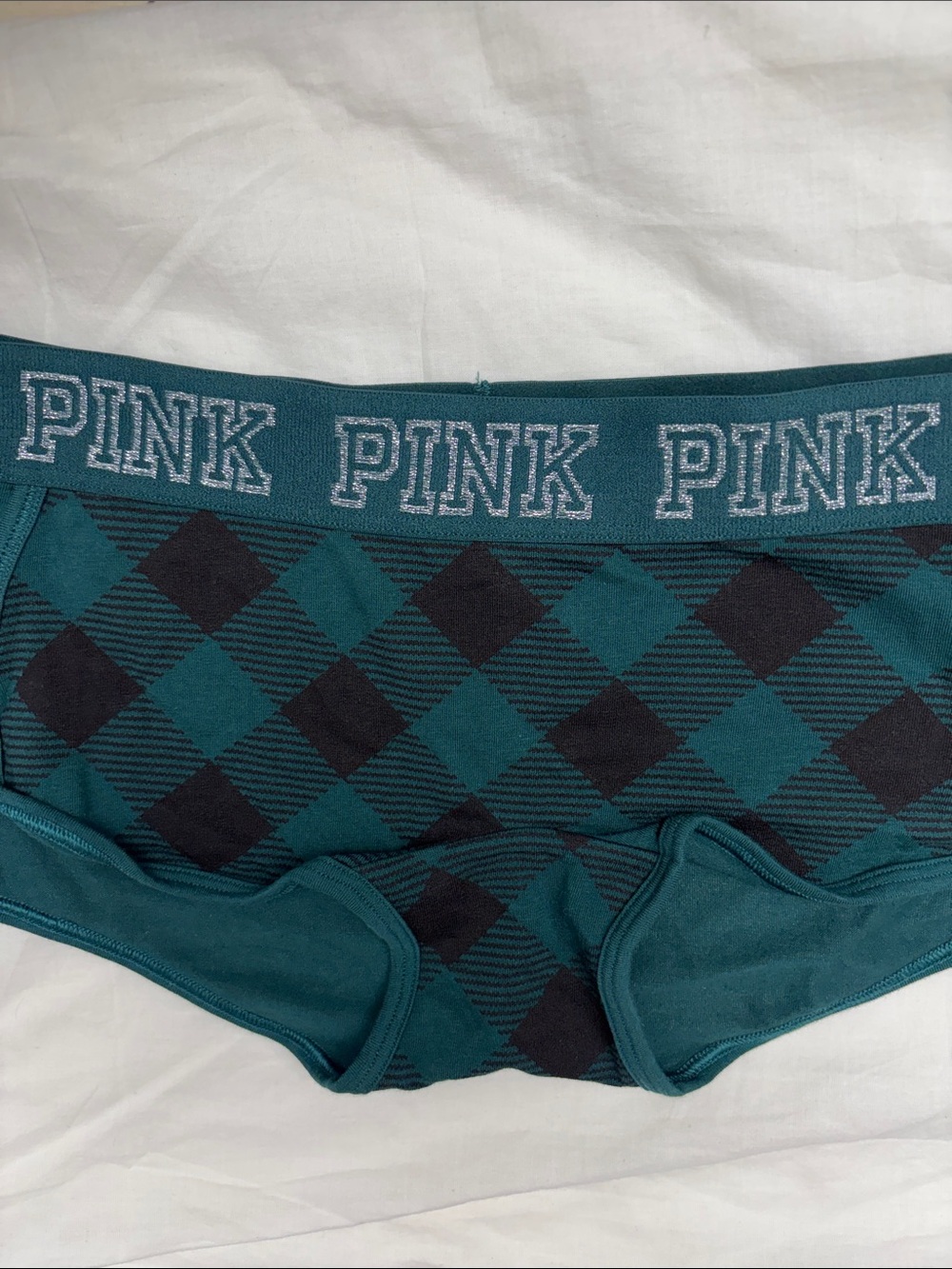PINK Victoria's Secret Green and Black Checkered Boyshorts